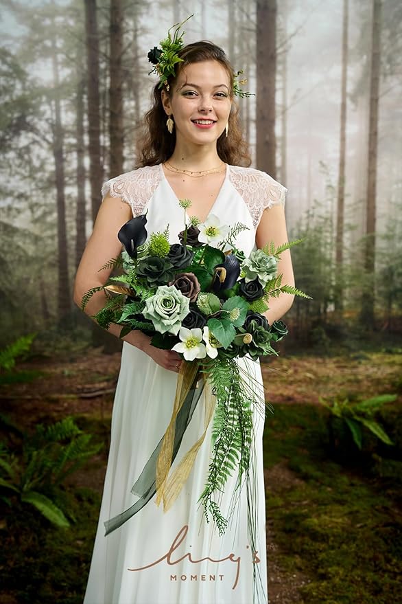 Artificial Flowers Forest Green Cascading Bridal Bouquet, 13 Inch Silk