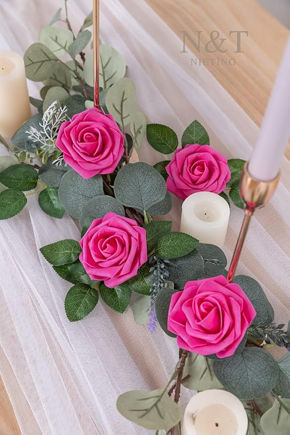 Artificial Flowers Hot Pink Foam Roses with Wire Stems, 50 Pcs