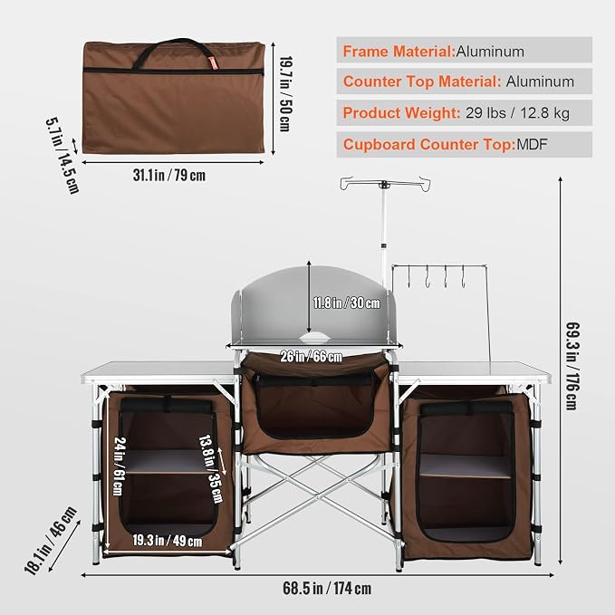 Folding Camping Kitchen Table with Aluminum Frame and Windscreen