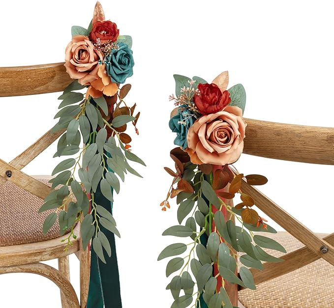 Artificial Flowers Set of 8 Aisle Pew Decor in Dark Teal and Burnt Orange