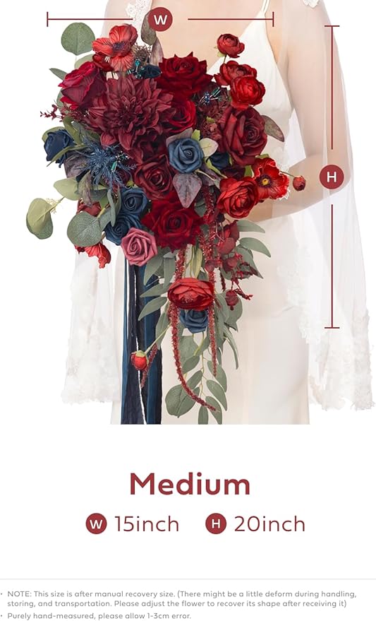 Artificial Flowers Cascading Bridal Bouquet, Burgundy Navy Blue, 15in