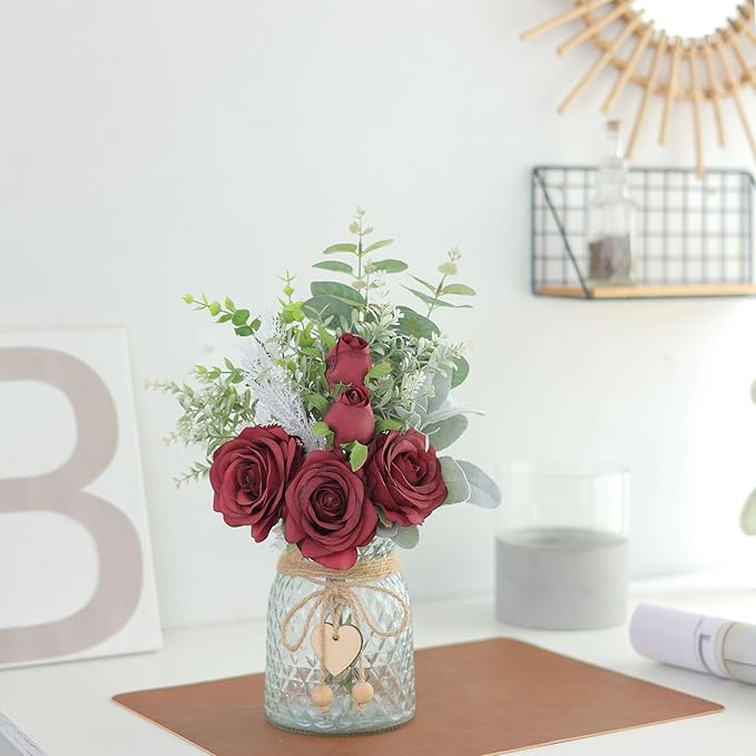Artificial Flowers in Glass Vase, Burgundy Silk Rose Arrangement