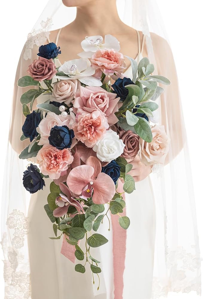 Artificial Flowers Bridal Bouquet, Dusty Rose and Navy Blue Cascade, 15 Inch