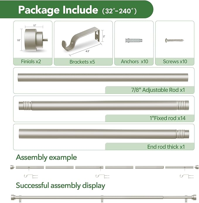 Curtain Rods for Windows 32 to 240, 1 Inch Adjustable Heavy Duty Long Window - Image 6