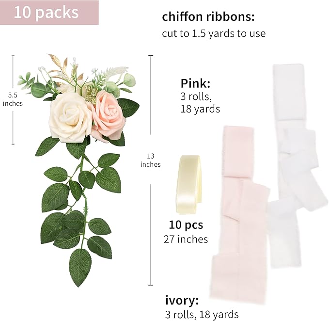 Artificial Flowers Pew Decor Set of 10, Pink Roses with 70cm Ties