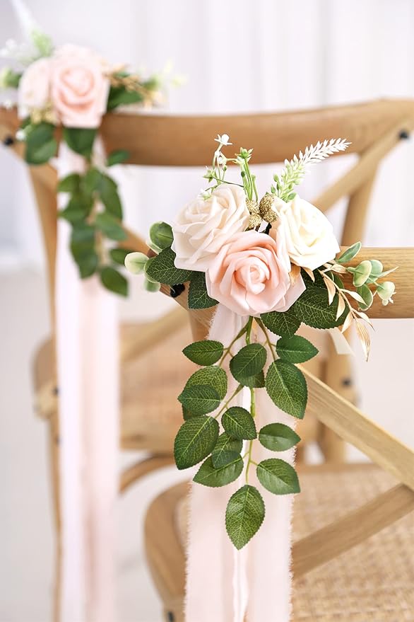 Artificial Flowers Pew Decor Set of 10, Pink Roses with 70cm Ties