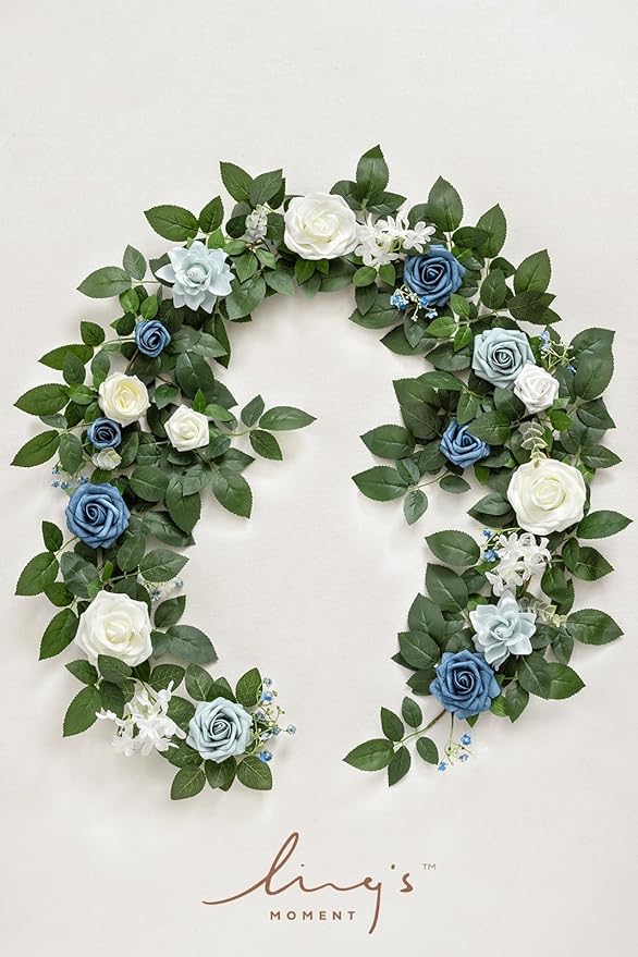 Artificial Flower Garland, 5 Ft Dusty Blue Rose Vine with Leaves