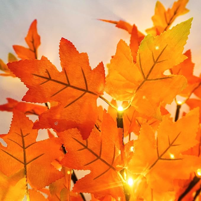 Artificial Fall Maple Leaf Branches, 3 Pcs Lighted Orange Stems with Timer