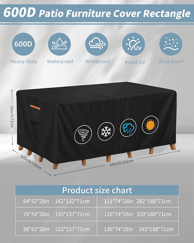 Patio Furniture Set Cover, 64 x 52 x 28 in, Waterproof 600D Black