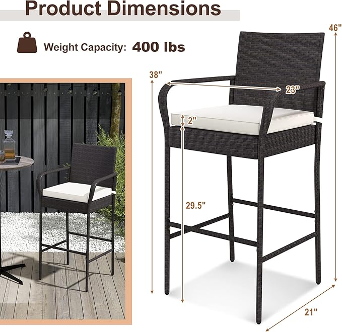 COSTWAY Wicker Bar Stools Set of 4, Patio Bar Height Chairs - Image 3