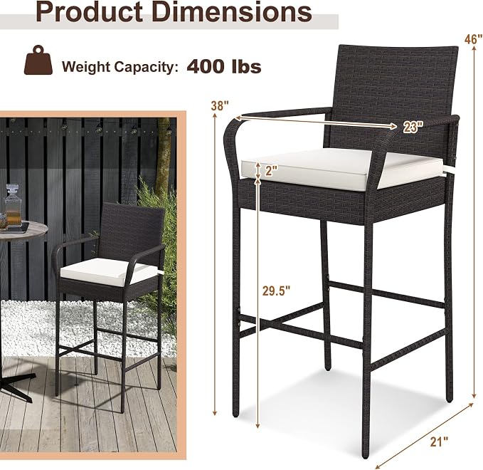 COSTWAY Wicker Bar Stools Set of 2, Patio Bar Height Chairs - Image 3