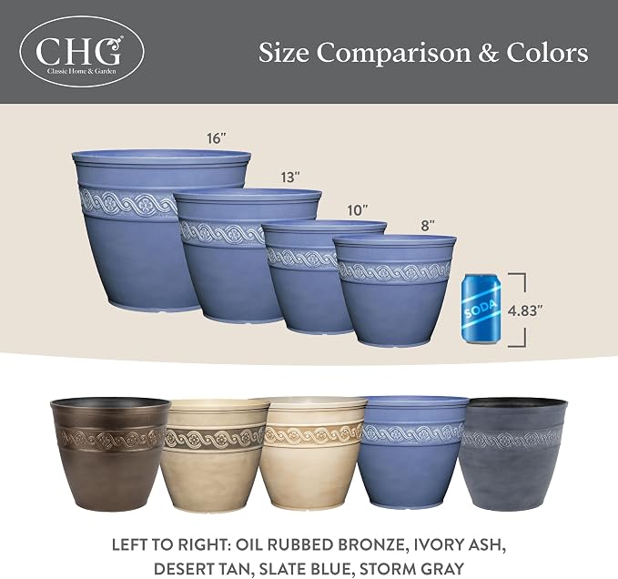 Classic Home and Garden Corinthian Resin Flower Pot Planter, Slate Blue - Image 6