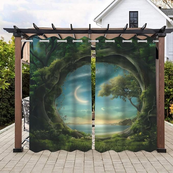 Forest Theme Waterproof Indoor/Outdoor Curtains, Trees Moon Lake Pattern by Lirduipu