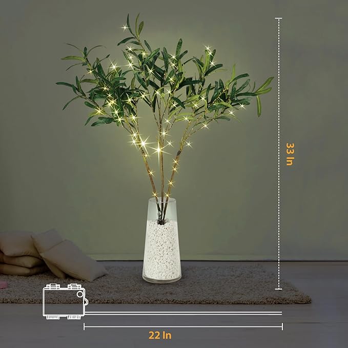 Artificial Olive Branch Greenery, 99 Warm White LEDs, 33-Inch