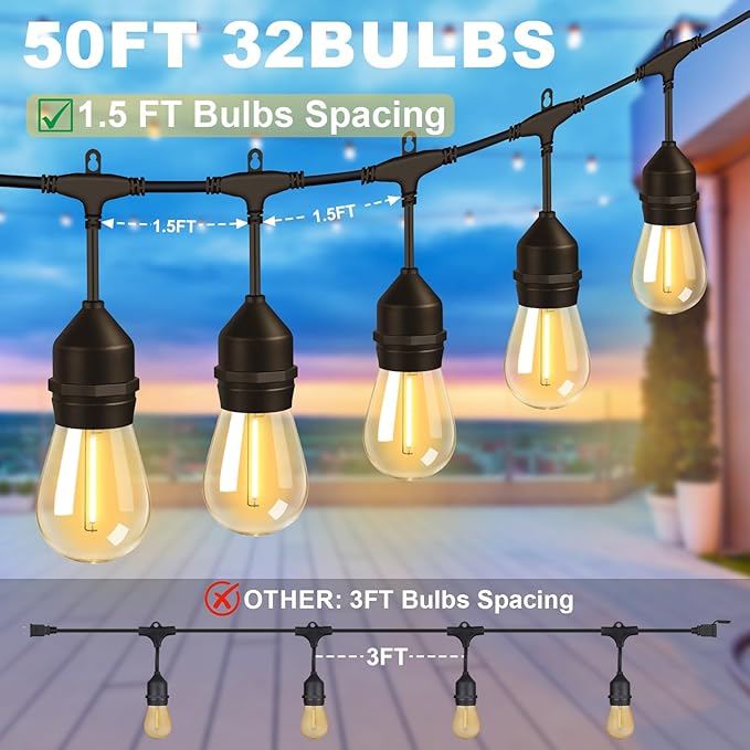 String Lights 50 FT Black Cord, Warm Yellow LED with Remote