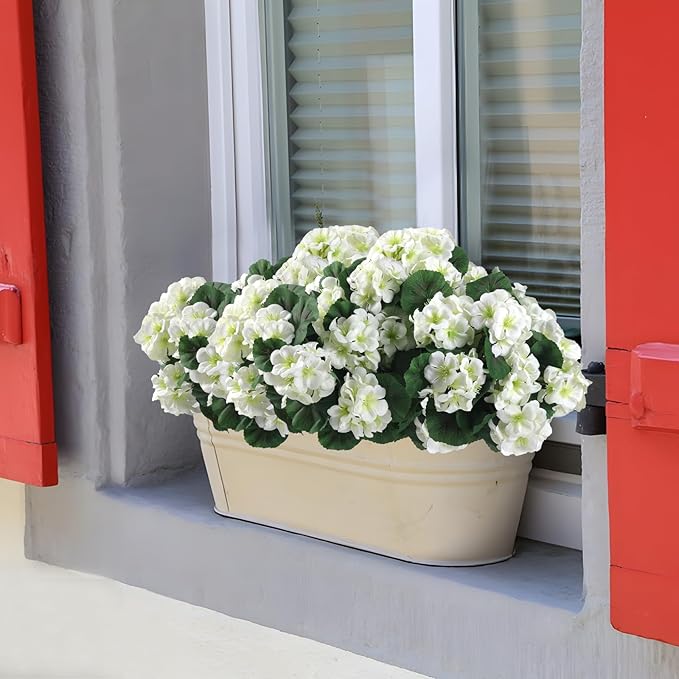 Artificial Geranium Flowers, White Silk, UV Resistant, 6 Bundles