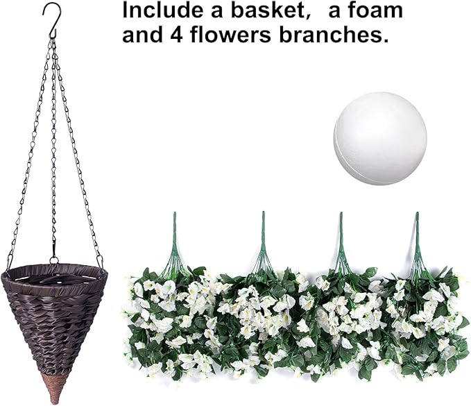 Artificial Flowers Hanging Basket, White Silk Orchid, 11 Inch Tall