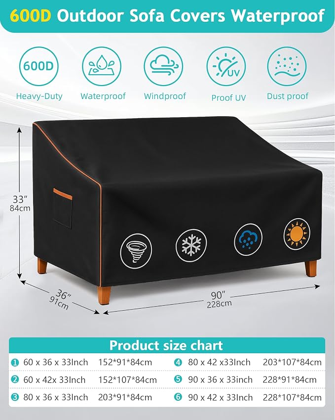 Sofa Cover, Black 600D Oxford Waterproof Patio Cover, 90 x 36 x 33 in