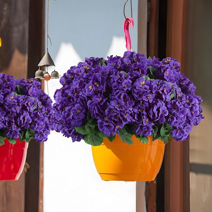 Artificial Flowers, Purple Silk Geranium, 6 Bundles, Indoor Outdoor