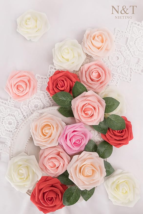 Artificial Flowers, 50 Foam Roses with Bendable Wire Stems