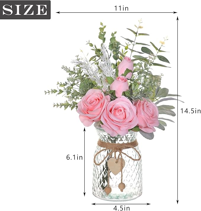 Artificial Flowers in Glass Vase, Pink Silk Roses, 14.5 Inch Tall