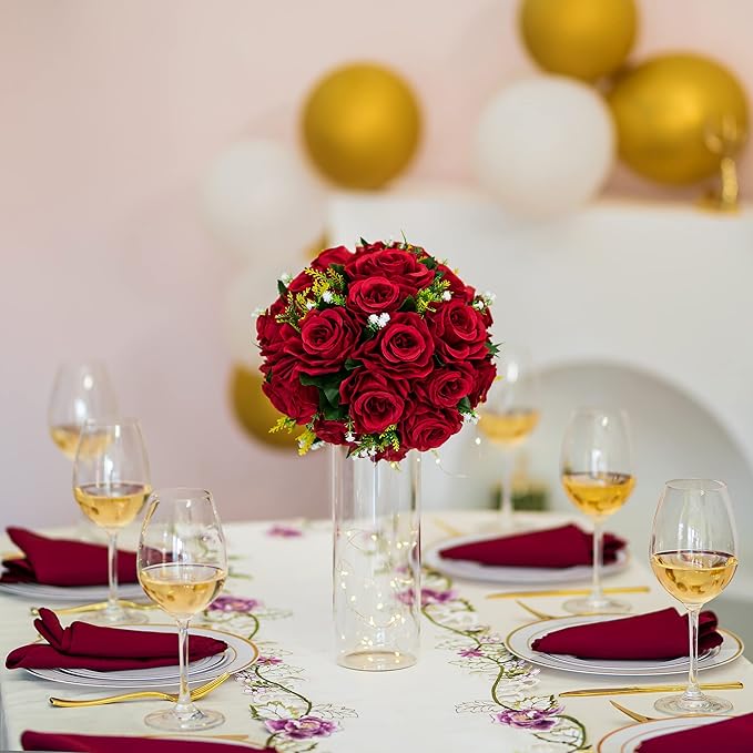 Artificial Rose Flower Ball, Crimson Faux Silk, Zip Ties Included