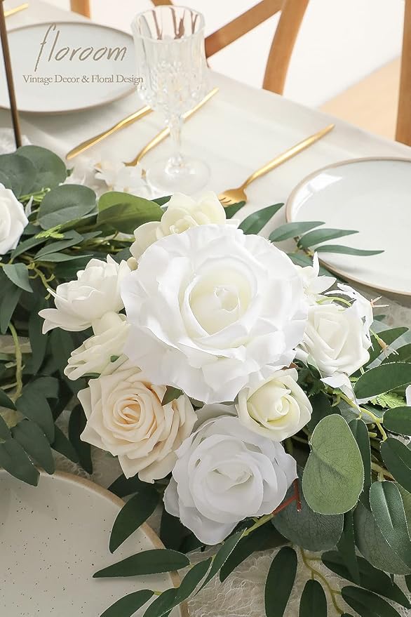 Artificial Flower Garland, 6 ft Ivory Eucalyptus Vine with Roses