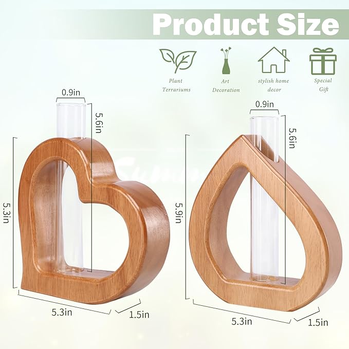 Terrarium Wall Planter, 2-Piece Heart-Shaped Pine Stand with Glass Tube