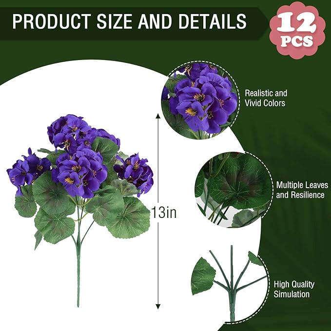 Artificial Flowers, Purple Silk Geranium, 6 Bundles, Indoor Outdoor