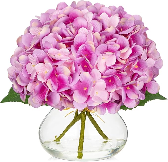 Artificial Flowers: Purplish Pink Silk Hydrangea Arrangement with Glass Vase