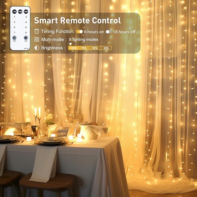 LED Curtain String Lights, 900 LEDs, Warm White, Remote, 9.5 x 29.5 ft
