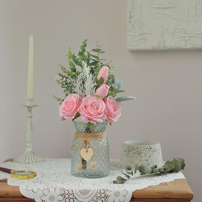 Artificial Flowers in Glass Vase, Pink Silk Roses, 14.5 Inch Tall