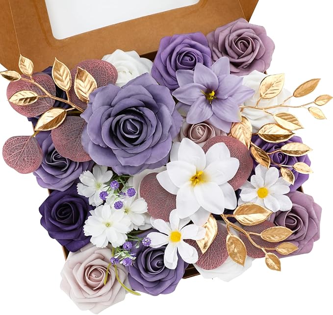 Artificial Flowers, Dark Purple Silk Mix with Roses and Eucalyptus