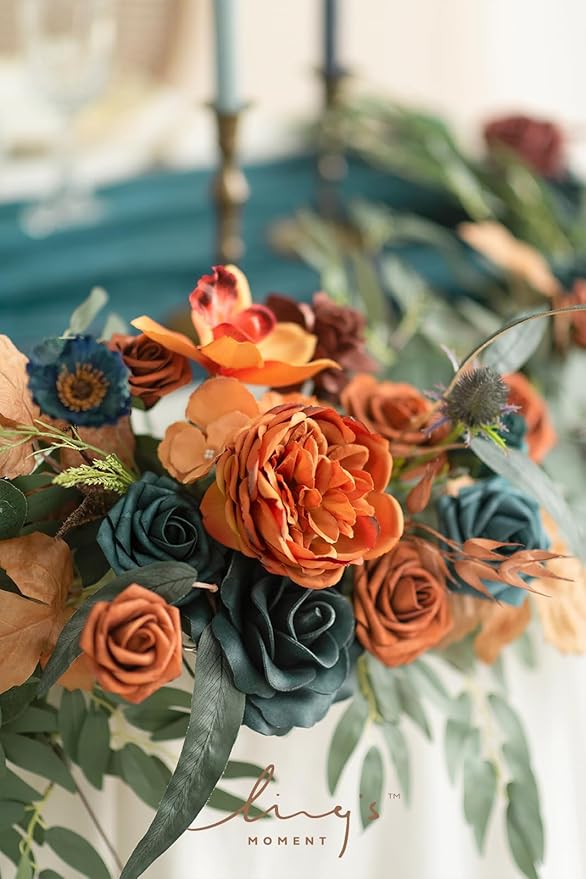 Artificial Flower Garland 6 Ft Dark Teal and Burnt Orange Eucalyptus