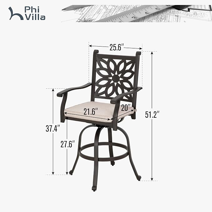PHI VILLA Outdoor Swivel Bar Stools Set of 4, Cast Aluminum Patio Pub Height - Image 6