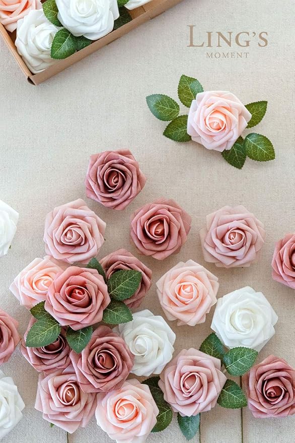 Artificial Flowers, 25 Pcs Foam Roses with 8-Inch Stems, Dusty Rose Shades