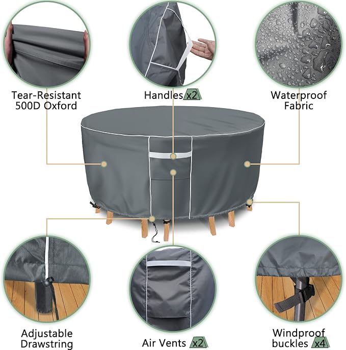 Round Patio Table and Chair Cover, Waterproof 600D Polyester, 72-Inch, Grey