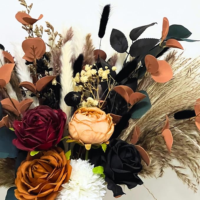 Artificial Flower Arrangement in Vase, 100 Pieces, Orange & Burgundy