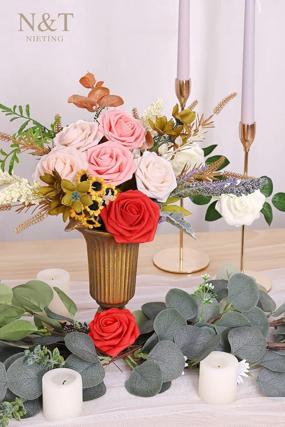 Artificial Flowers, 50 Foam Roses with Bendable Wire Stems