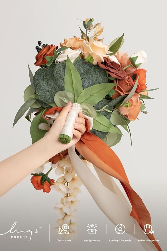 Artificial Flowers Bridal Bouquet, Terracotta Cascade, Silk