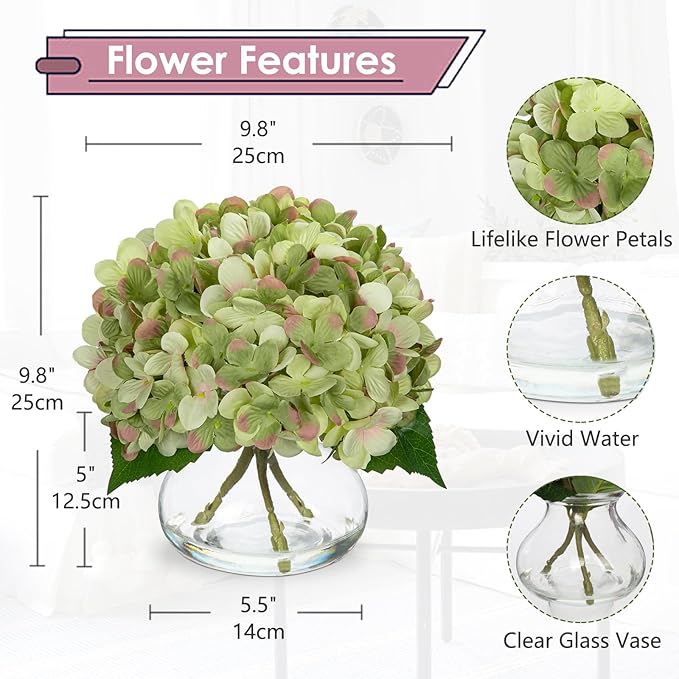 Artificial Flowers: Dark Green Silk Hydrangea Arrangement with Glass Vase