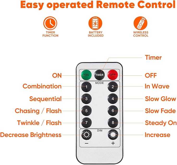 Indoor String Lights, 65.6 Ft Orange LED Battery Powered with Remote