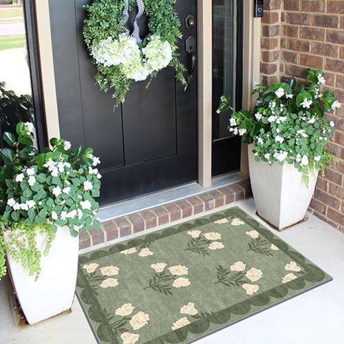 Outdoor Rug, Sage Green Floral Scalloped Edge, 2 x 3 ft