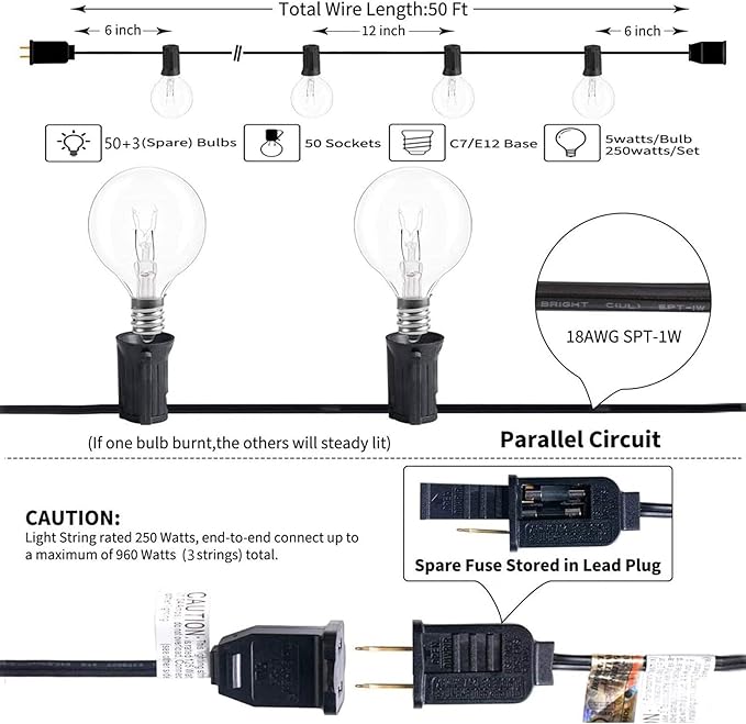 String Lights, 50 ft G40 Globe Outdoor Patio Lights in Black