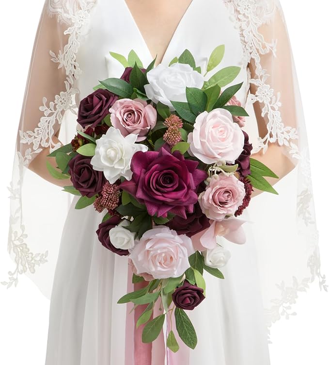 Artificial Flowers Cascading Bridal Bouquet, Marsala and Blush Silk Roses