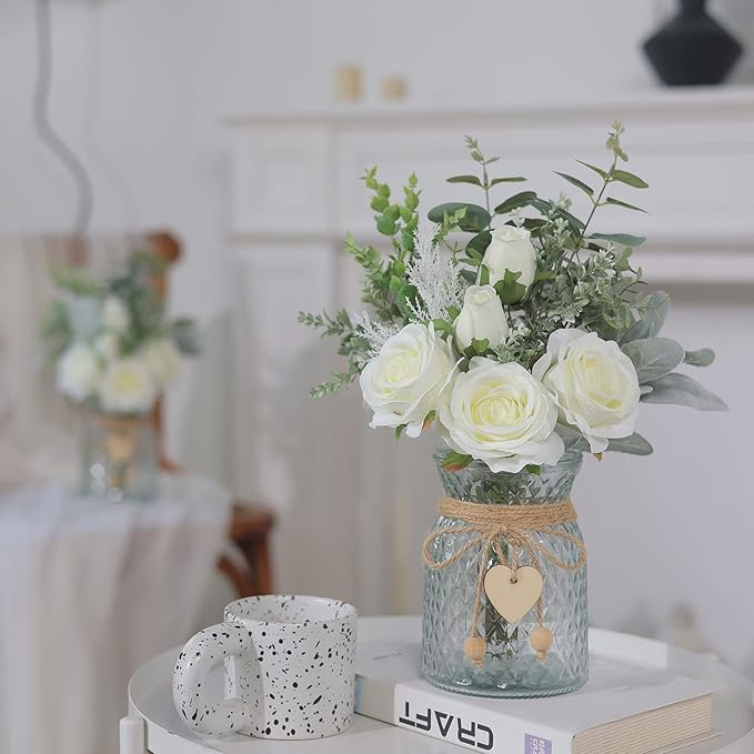 Artificial Flowers with Glass Vase, 14.5-Inch White Silk Roses Bouquet