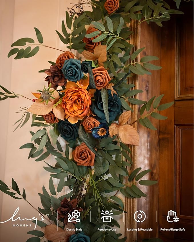 Artificial Flower Garland 6 Ft Dark Teal and Burnt Orange Eucalyptus