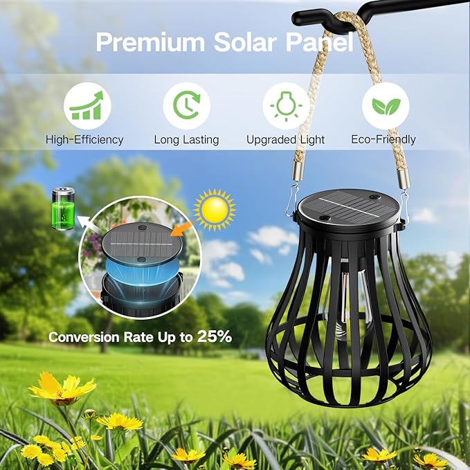 Lanterns, Black Solar Hanging Lamp, 24 Ceramic Cores, Waterproof
