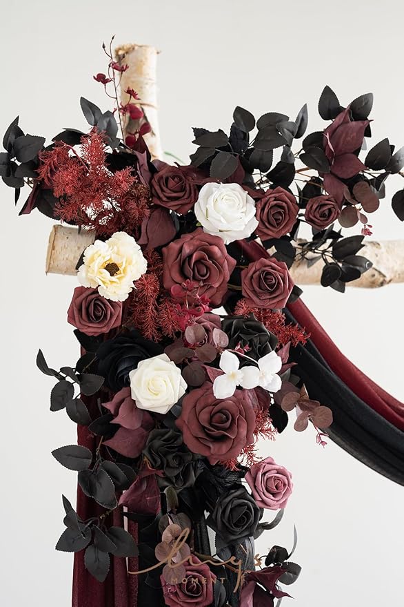 Artificial Flowers Wedding Arch Kit, Black and Burgundy, 4-Piece Set
