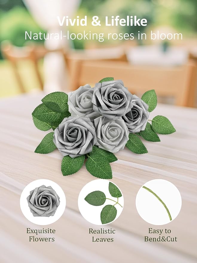 Artificial Flowers: 50 Foam Roses in Silver White and Silver Grey